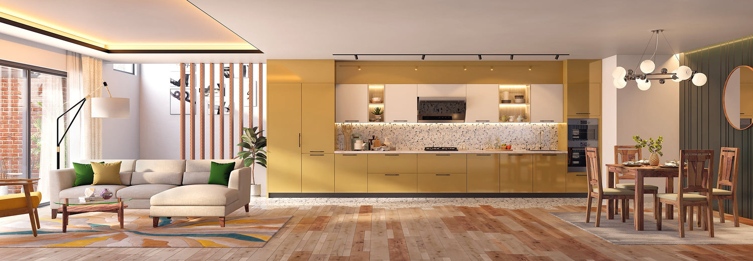 Luxury straight modular kitchen featuring PU finish with high-density moisture-resistant (HDMR) panels and glossy acrylic sheet cabinets, offering a sleek, durable, and eco-friendly design for modern interiors.