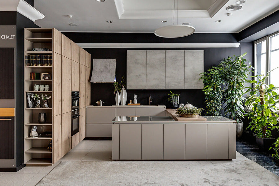 Luxury peninsula modular kitchen featuring a stylish extended counter, bamboo-inspired finishes, high-gloss acrylic cabinets, and ergonomic layout—blending modern elegance with functional design for premium interiors.