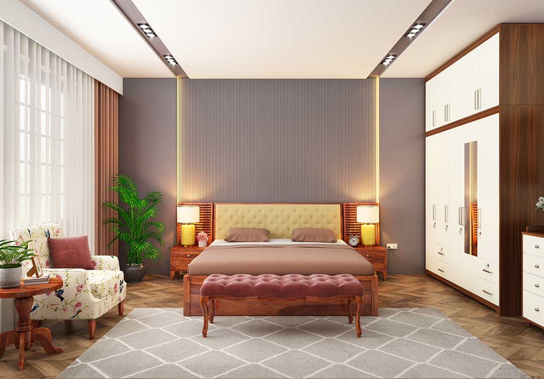 Luxury modern bedroom interior designed by Bamoo Interio – featuring elegant furniture, ambient lighting, and premium finishes for a sophisticated and comfortable living space