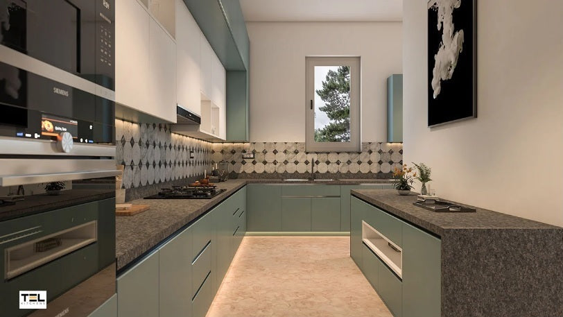 Modern bamoo L-shaped kitchen featuring natural wood grain cabinetry, corner countertop space, built-in storage shelves, and eco-friendly design for a warm, sustainable interior.